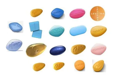 An assortment of branded erectile dysfunction tablets including Viagra, Cialis and Levitra